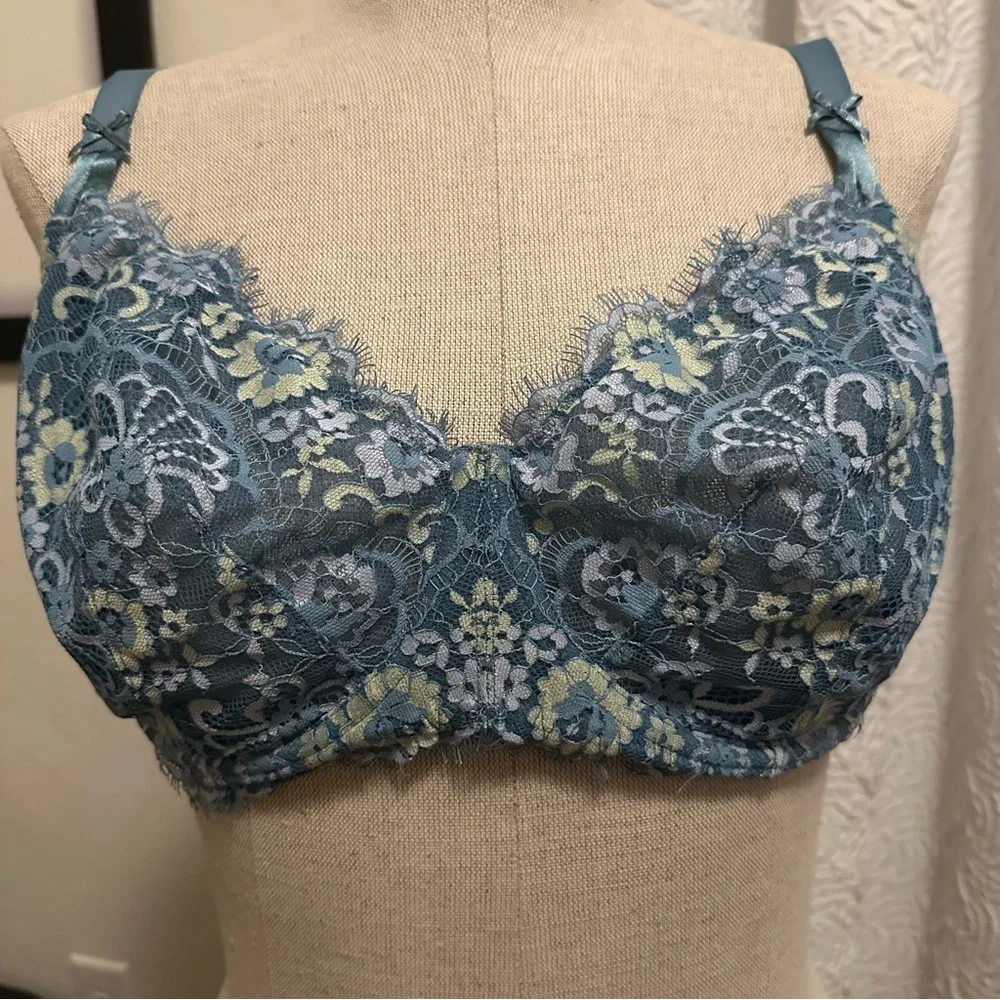 Victoria's Secret Dream Angels bra aqua floral lace yellow accents size 38DDD - Picture 2 of 7